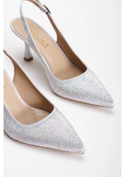 Kadın Taş Işlemeli Ince Topuklu Gece Ayakkabısı ve Çanta Takımı Gümüş