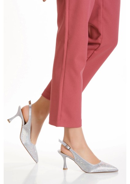 Kadın Taş Işlemeli Ince Topuklu Gece Ayakkabısı ve Çanta Takımı Gümüş