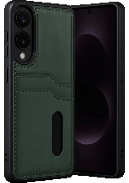 Samsung Galaxy S25 Edge Sara Kartvizitli Deri Kılıf - Koyu Yeşil