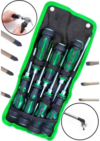 6060 Darbeli Düz/yıldız Tornavida Takımı Bez Çantalı 7 Parça