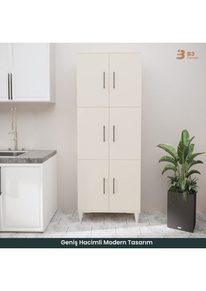 B3CONCEPT Geniş Hacimli 6 Kapaklı 6 Raflı Çok Amaçlı - Kolay Kurulum - Mutfak Balkon Banyo Erzak Kiler Dolabı