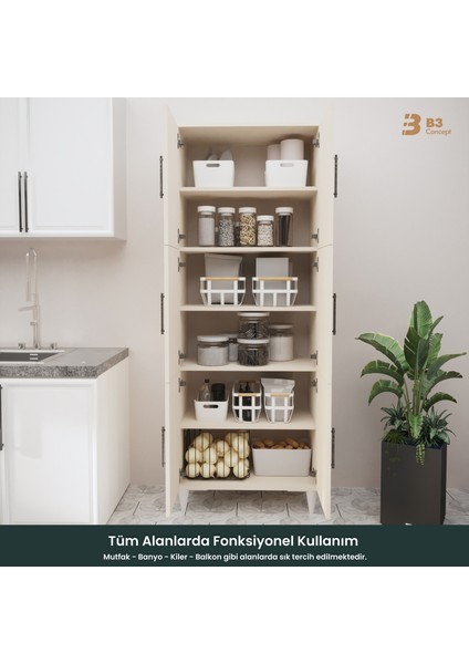 B3CONCEPT Geniş Hacimli 6 Kapaklı 6 Raflı Çok Amaçlı - Kolay Kurulum - Mutfak Balkon Banyo Erzak Kiler Dolabı