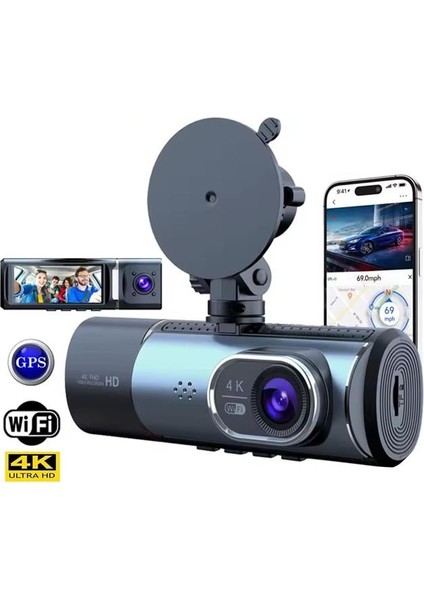 3.16 Inç Tft Ekran Çift Kameralı Gps Modüllü Hd Araç Kamerası Dvr (128GB Destekli)