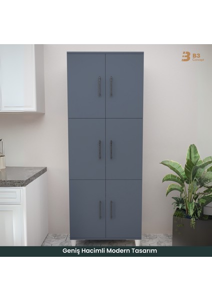 B3CONCEPT Geniş Hacimli 6 Kapaklı 6 Raflı Çok Amaçlı - Kolay Kurulum - Mutfak Balkon Banyo Erzak Kiler Dolabı