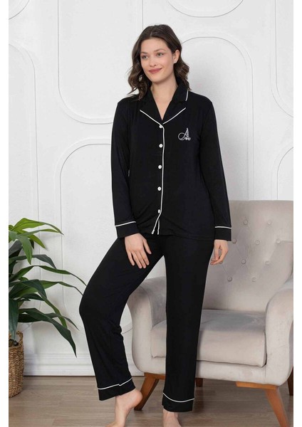 Siyah Önden Düğmeli Likralı Bayan Pijama Takımı