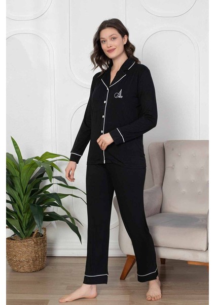 Siyah Önden Düğmeli Likralı Bayan Pijama Takımı fiyatları