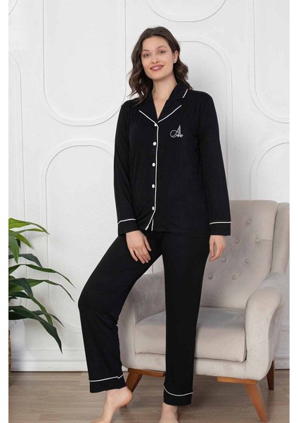 Siyah Önden Düğmeli Likralı Bayan Pijama Takımı modelleri