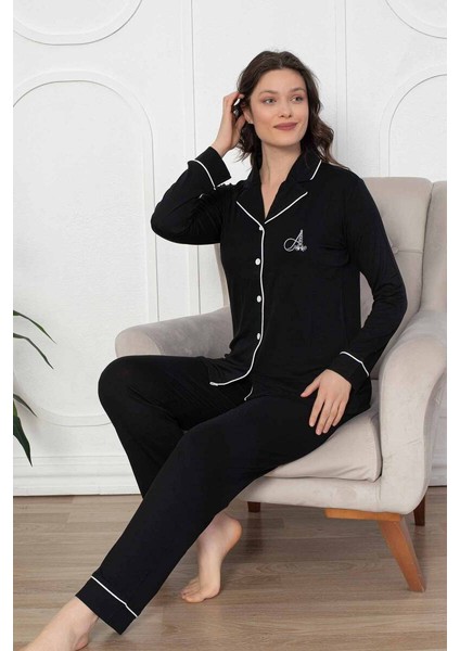 Siyah Önden Düğmeli Likralı Bayan Pijama Takımı fırsatları