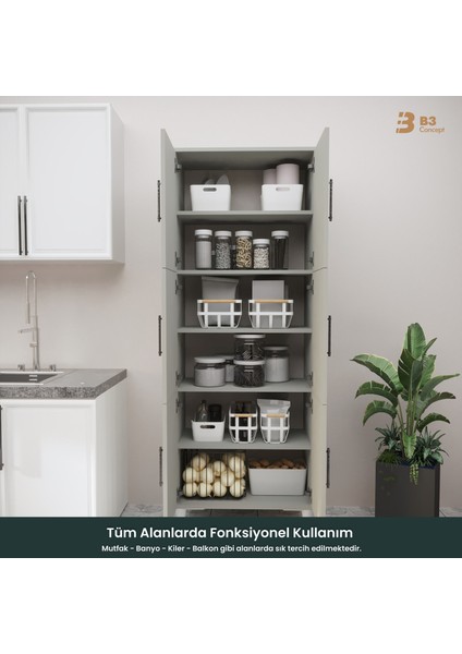 B3CONCEPT Geniş Hacimli 6 Kapaklı 6 Raflı Çok Amaçlı - Kolay Kurulum - Mutfak Balkon Banyo Erzak Kiler Dolabı modelleri