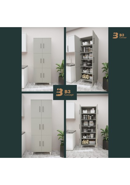 B3CONCEPT Geniş Hacimli 6 Kapaklı 6 Raflı Çok Amaçlı - Kolay Kurulum - Mutfak Balkon Banyo Erzak Kiler Dolabı