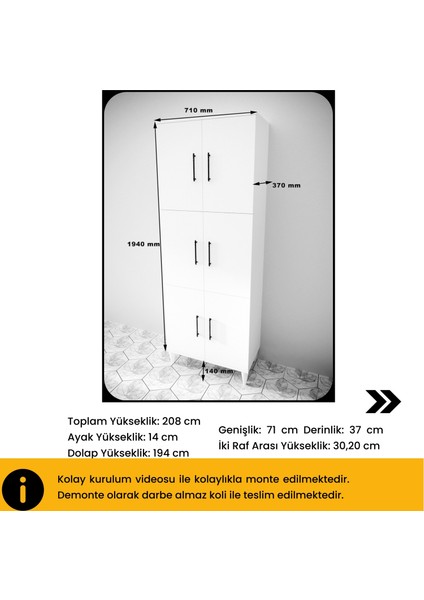 B3CONCEPT Geniş Hacimli 6 Kapaklı 6 Raflı Çok Amaçlı - Kolay Kurulum - Mutfak Balkon Banyo Erzak Kiler Dolabı