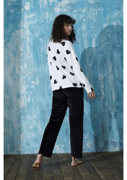 Kadın Bisiklet Yaka Düşük Omuz Interlok Pamuklu Üst Kadife Alt Kışlık Pijama Eşofman Takımı fiyatları