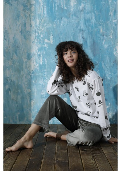 Kadın Bisiklet Yaka Düşük Omuz Interlok Pamuklu Üst Kadife Alt Kışlık Pijama Eşofman Takımı