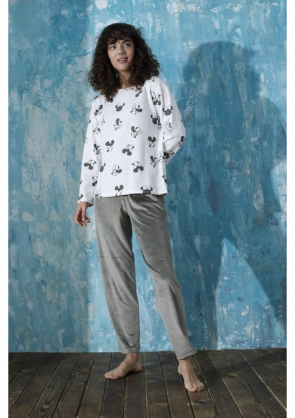 Kadın Bisiklet Yaka Düşük Omuz Interlok Pamuklu Üst Kadife Alt Kışlık Pijama Eşofman Takımı modelleri