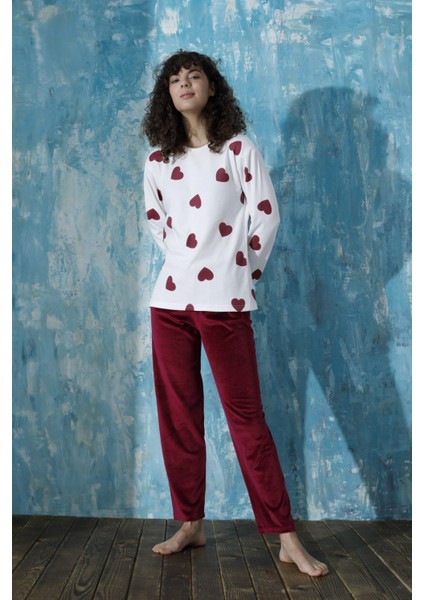 Kadın Bisiklet Yaka Düşük Omuz Interlok Pamuklu Üst Kadife Alt Kışlık Pijama Eşofman Takımı