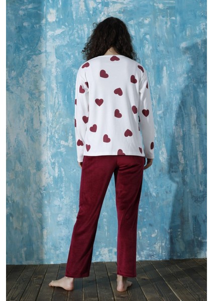 Kadın Bisiklet Yaka Düşük Omuz Interlok Pamuklu Üst Kadife Alt Kışlık Pijama Eşofman Takımı modelleri