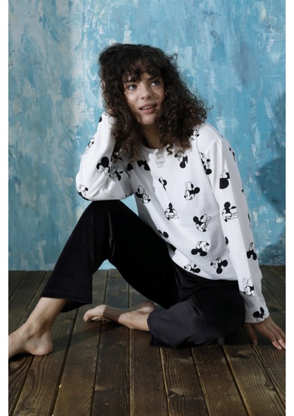 Kadın Bisiklet Yaka Düşük Omuz Interlok Pamuklu Üst Kadife Alt Kışlık Pijama Eşofman Takımı