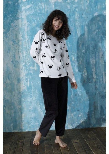 Kadın Bisiklet Yaka Düşük Omuz Interlok Pamuklu Üst Kadife Alt Kışlık Pijama Eşofman Takımı fiyatları