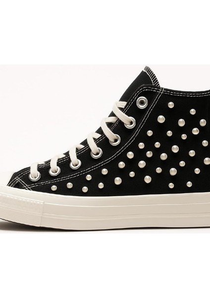 Inci Tasarım Full Inci Detay Bağcıklı Siyah Keten Ayakkabı Sneaker