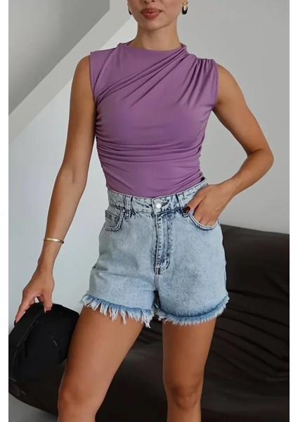 Kadın Bisiklet Yaka Büzgülü Sandy Sıfır Kol Bluz