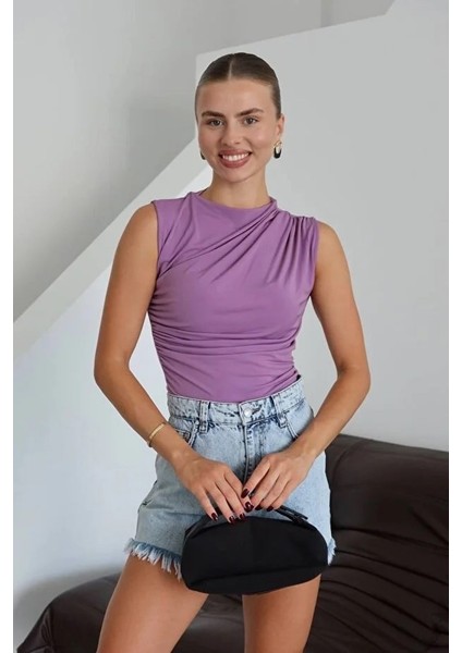 Kadın Bisiklet Yaka Büzgülü Sandy Sıfır Kol Bluz