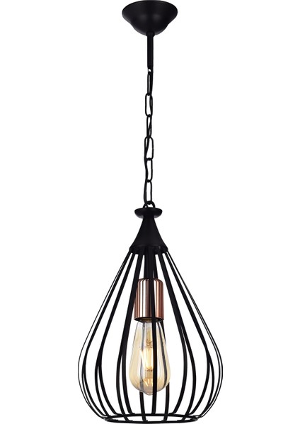 Kafes Tekli Avize Siyah – Modern Metal Tasarım, E27 Duy, Zincirli ve Ayarlanabilir Yükseklik