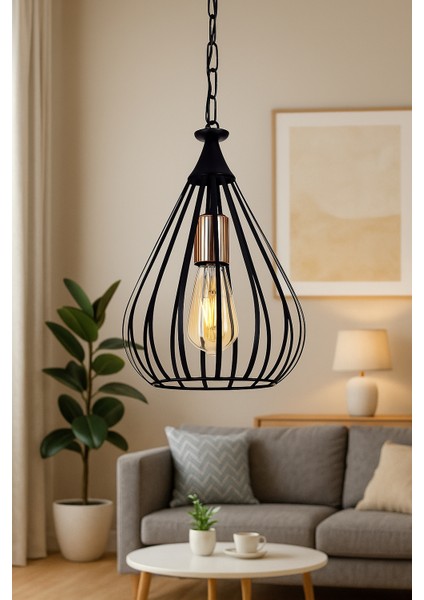 Kafes Tekli Avize Siyah – Modern Metal Tasarım, E27 Duy, Zincirli ve Ayarlanabilir Yükseklik modelleri