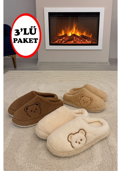 3'lü Paket Fluffy Kapalı Kadın Terlik Ev Terliği
