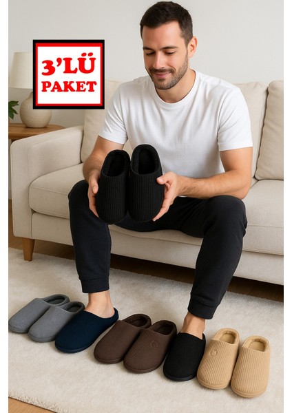 3'lü Paket Velvet Erkek Terlik Ev Terliği Kışlık Yumuşak Tabanlı