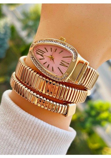WL00102Y Altın Renk Pembe Kadran Yılan Model Kadın Kol Saati