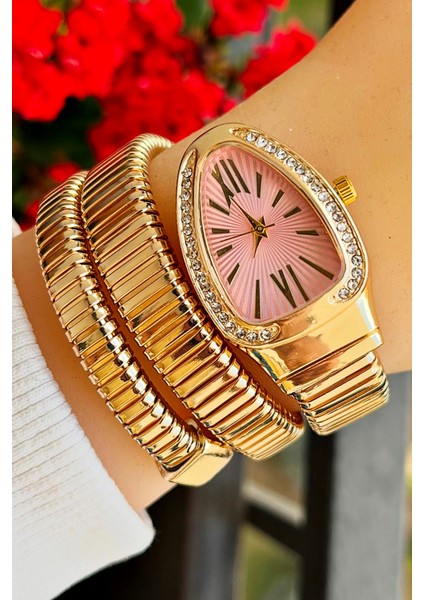 WL00102Y Altın Renk Pembe Kadran Yılan Model Kadın Kol Saati fiyatları