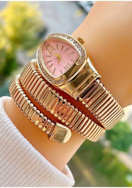 WL00102Y Altın Renk Pembe Kadran Yılan Model Kadın Kol Saati