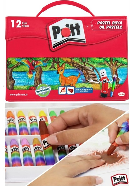 Pastel Boya 12 Renk Plastik Çantalı 1 Adet Tutucu Hediyeli Pritt Pastel Boya 12 Li Çantalı Canlı Renkler