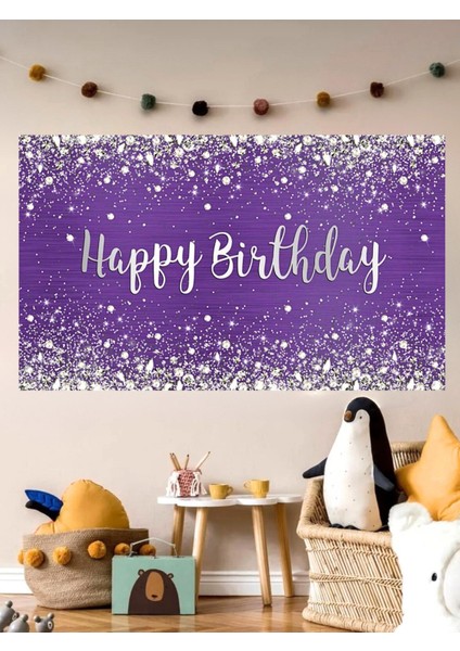 Mor Temalı Özel Doğum Günü Afişi Arka Fonu 60X100 Vinil -Branda -Pankart Doğum Günü Parti Seti Süsü