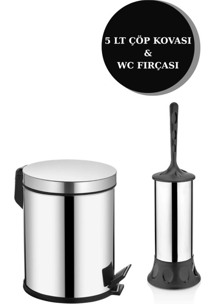 2'li Banyo Seti Paslanmaz Pedallı Metal 5 Lt Çöp Kovası Wc Klozet Tuvalet Fırça Seti Banyo Çöp Kova