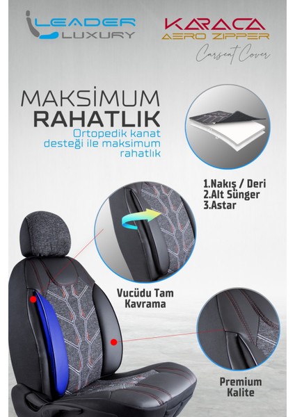 chevrolet Lacetti ile Uyumlu Lüx Deri Detaylı Keten Oto Koltuk Kılıfı Ön Arka Takım Karaca Siyah