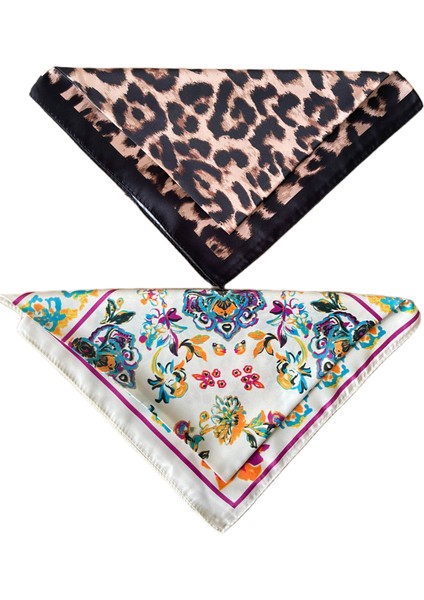 2 Li Saten Bandana Seti Saten Fular Saten Çanta Aksesuarı Özel Desen Bandana 45X50 cm