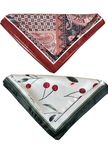 2 Li Saten Bandana Seti Saten Fular Saten Çanta Aksesuarı Özel Desen Bandana 45X50 cm