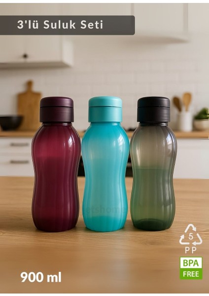 Suluk 3'lü Set Su Şişesi Bpa Free Okul Suluğu Pp-5 Suluk Spor Okul Ofis Suluğu Siyah-Bordo-Mavi 900 ml