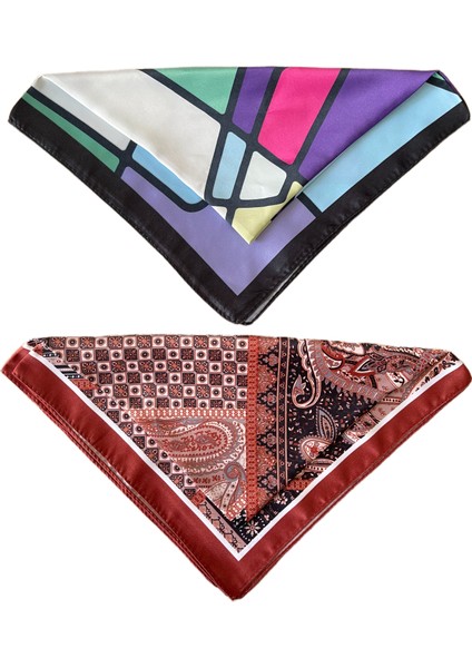 2 Li Saten Bandana Seti Saten Fular Saten Çanta Aksesuarı Özel Desen Bandana 45X50 cm