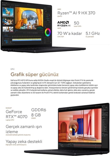 Amd Ryzen Ai 9 HX370 64GB Ram 2tb Rtx 4070 16" 4K OLED Dokunmatik Ekran WIN11-TASARIM ve Oyun fırsatları