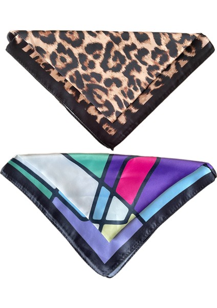 2 Li Saten Bandana Seti Saten Fular Saten Çanta Aksesuarı Özel Desen Bandana 45X50 cm