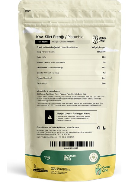 Kavrulmuş Siirt Fıstığı 400GR fiyatları