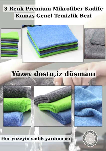 (10 Adet ) 3 Renk Mikrofiber Kadife Kumaş Banyo Genel Temizlik Bezi (40 x 40 cm)