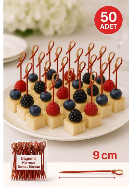 Düğümlü Kırmızı Bambu Kürdan – 9 Cm, Şık Davet ve Kokteyl Sunum Çubuğu (50’li Paket)