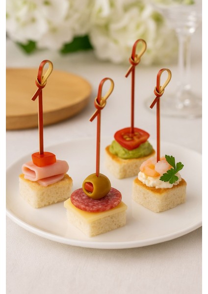 Düğümlü Kırmızı Bambu Kürdan – 9 Cm, Şık Davet ve Kokteyl Sunum Çubuğu (50’li Paket) modelleri