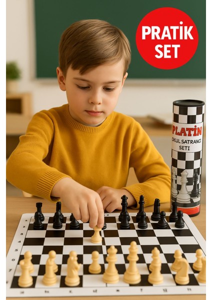 Platin Okul Tipi Rulo Satranç Seti – Dayanıklı Pvc Tahta ve Silindir Taşıma Kutusu