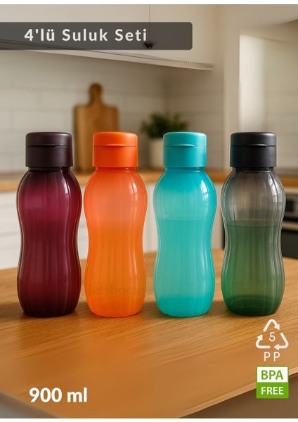 Suluk 4'lü Set Su Şişesi Bpa Free Okul Suluğu Pp-5 Suluk Spor Okul Ofis Suluğu 900 ml