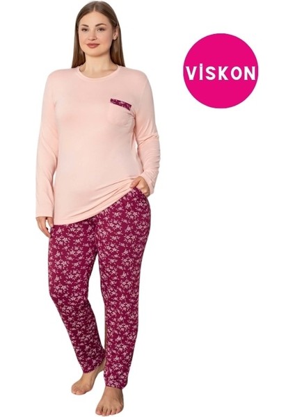 Kadın Büyük Geniş Beden Bisiklet Yaka Düğmesiz Mevsimlik Viskon Uzun Kol Cepli Pijama Takımı