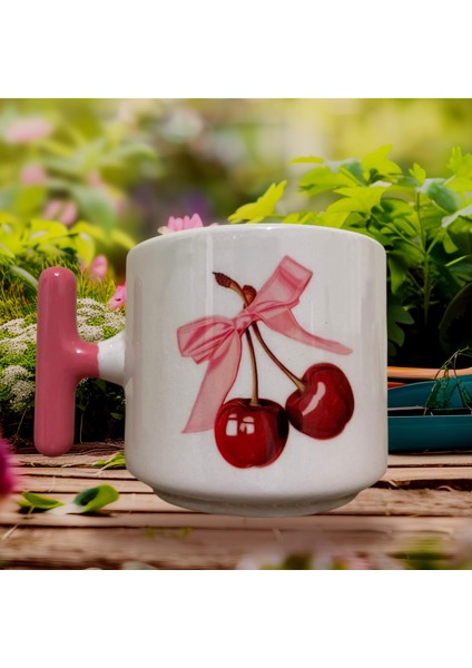 Kirazlı Fiyonk Çift Taraf Baskılı Kupa- Seramik Çay, Kahve Hediyelik Bardağı
